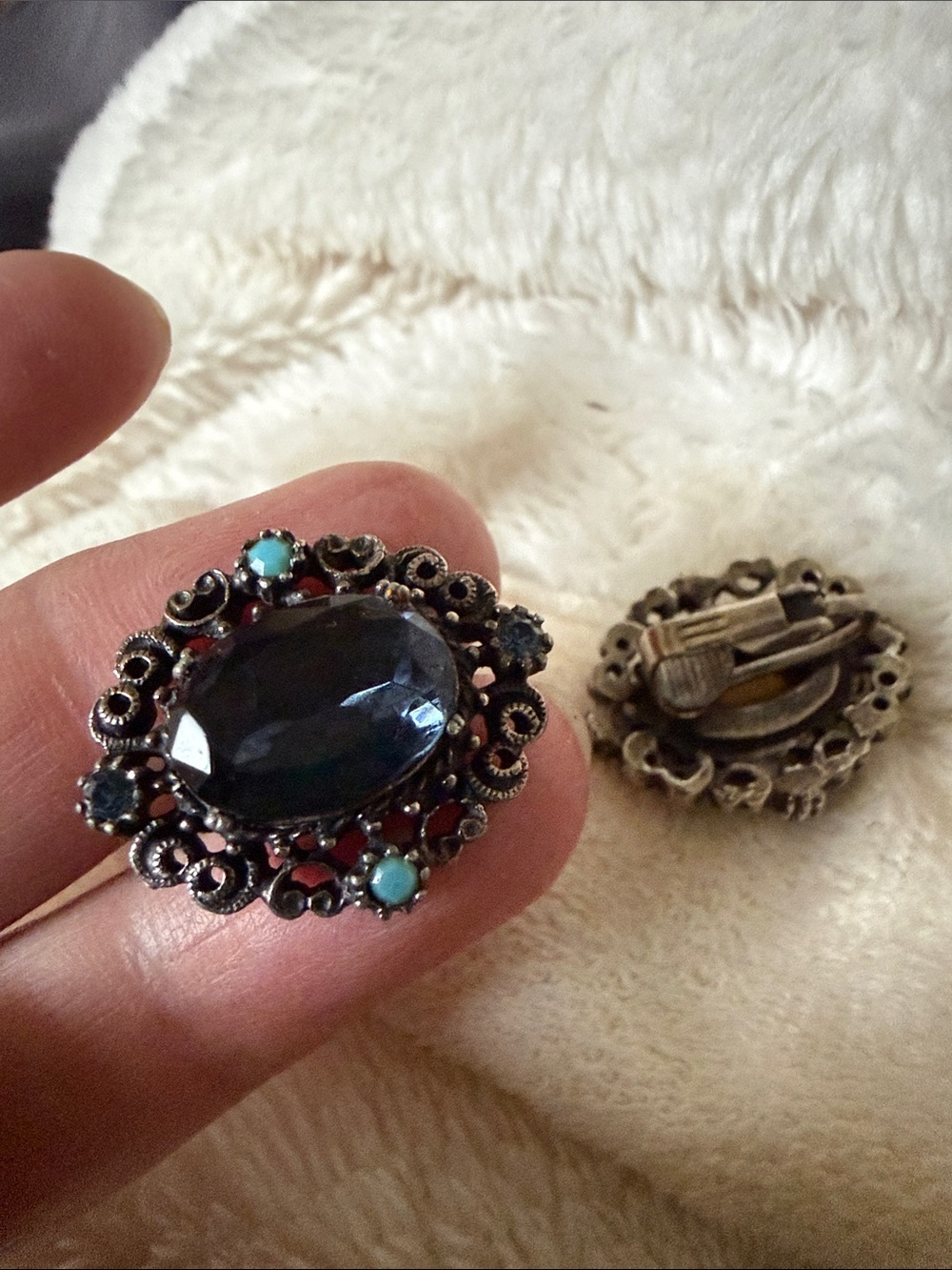 Vintage Silver Clip Earrings with Dark Blue and Turquoise Accents